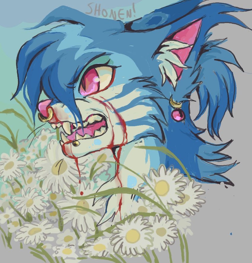 ambiguous_gender blood blood_on_face blue_body blue_fur bodily_fluids flower fur open_mouth pink_inner_ear pink_nose pink_tongue plant solo tongue shonencore canid canine mammal headshot_portrait portrait