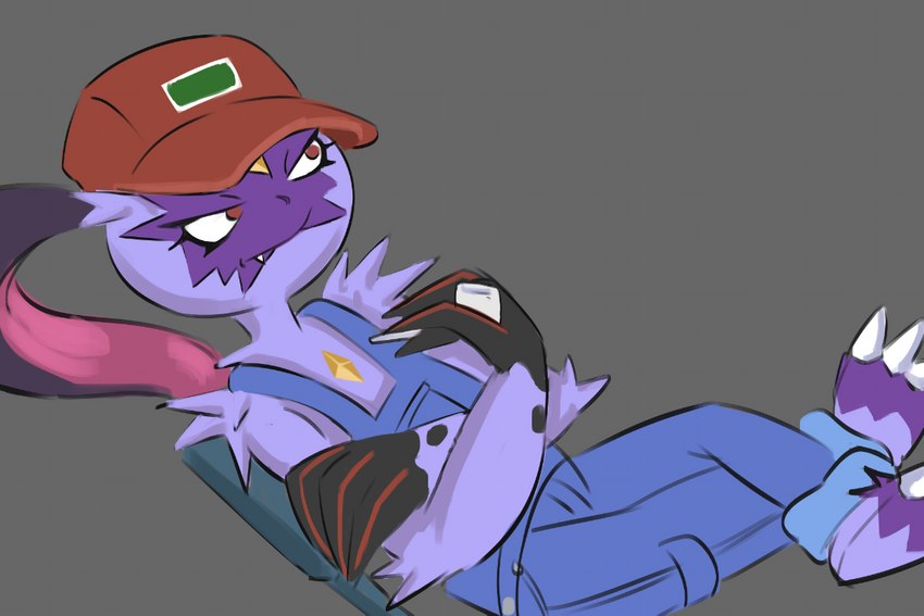 anthro barefoot chest_gem claws clothed clothing crossed_arms crossed_legs farmer feet forehead_gem fur gem grey_background hat headgear headwear long_claws lounging male overalls pipe purple_body purple_fur reclining redneck simple_background snaggle_tooth solo nineka nintendo pokemon pokemon_legends_arceus sneed's_feed_and_seed sneed generation_8_pokemon pokemon_(species) sneasler 3:2