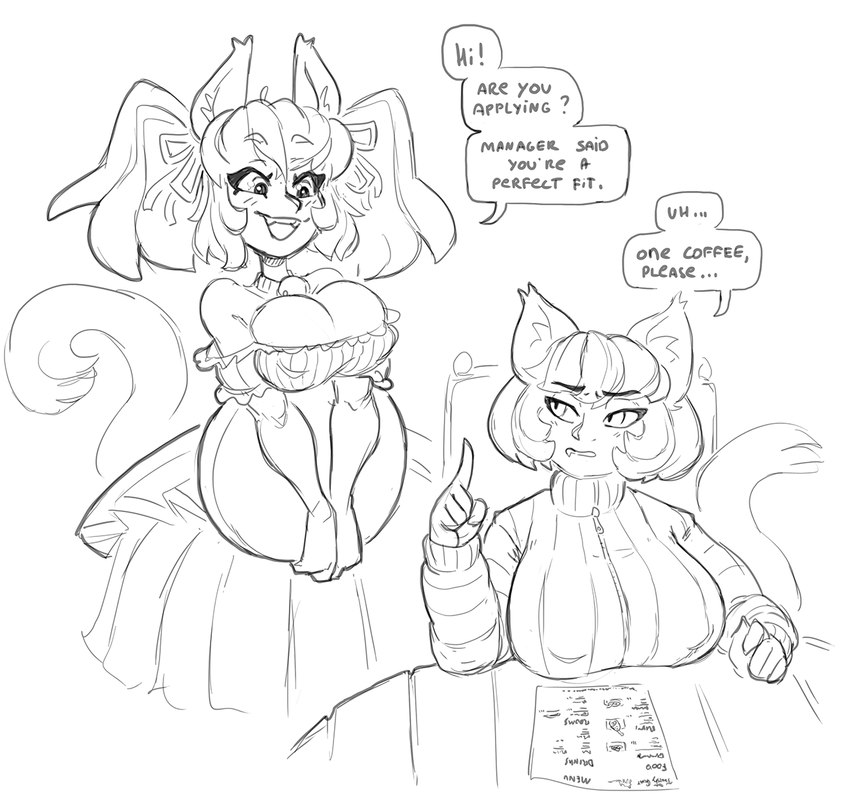 barmaid breast_rest breasts cat_tail collar dialogue duo female speech_bubble text zipper_topwear whatsalewd annoyed_catgirl_(whatsalewd) barmaid_catgirl_(whatsalewd) domestic_cat felid feline felis humanoid mammal english_text hi_res monochrome