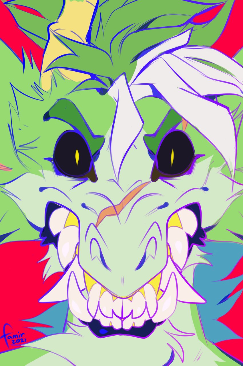 ambiguous_gender anthro bared_teeth black_eyes fangs front_view fur green_body green_fur green_hair hair horn looking_at_viewer no_sclera pupils red_background simple_background slit_pupils solo teeth white_hair yellow_horn yellow_pupils famir mythology famir_(character) bovid caprine dragon furred_dragon furred_scalie goat hybrid mammal mythological_creature mythological_scalie scalie 2021 absurd_res dated hi_res signature