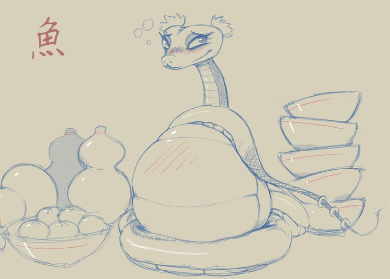 belly belly_blush beverage big_belly blush body_blush bubble drunk drunk_bubble female feral food overweight overweight_female overweight_feral solo substance_intoxication susfishous dreamworks kung_fu_panda master_viper reptile scalie snake viper monochrome