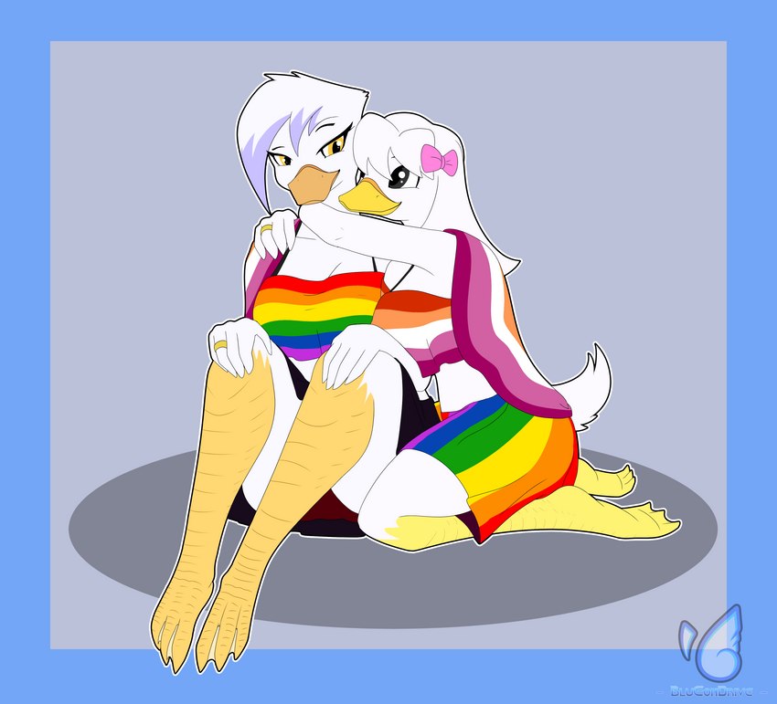 aged_up anthro bedding big_breasts blanket bottomwear breasts butch/femme clothing duo feathers female female/female flag hug intimate lesbian_pride_colors lgbt_pride multicolored_bottomwear multicolored_clothing multicolored_skirt multicolored_topwear non-mammal_breasts orange_lesbian_pride_colors pride_color_bottomwear pride_color_clothing pride_color_flag pride_color_skirt pride_color_topwear pride_colors rainbow_pride_colors romantic romantic_couple shirt shorts side_boob six-stripe_rainbow_pride_colors skirt tank_top tomboy topwear wearing_flag white_body white_feathers blueondrive disney ducktales ducktales_(2017) lena_(ducktales) webby_vanderquack anatid anseriform avian bird duck absurd_res hi_res