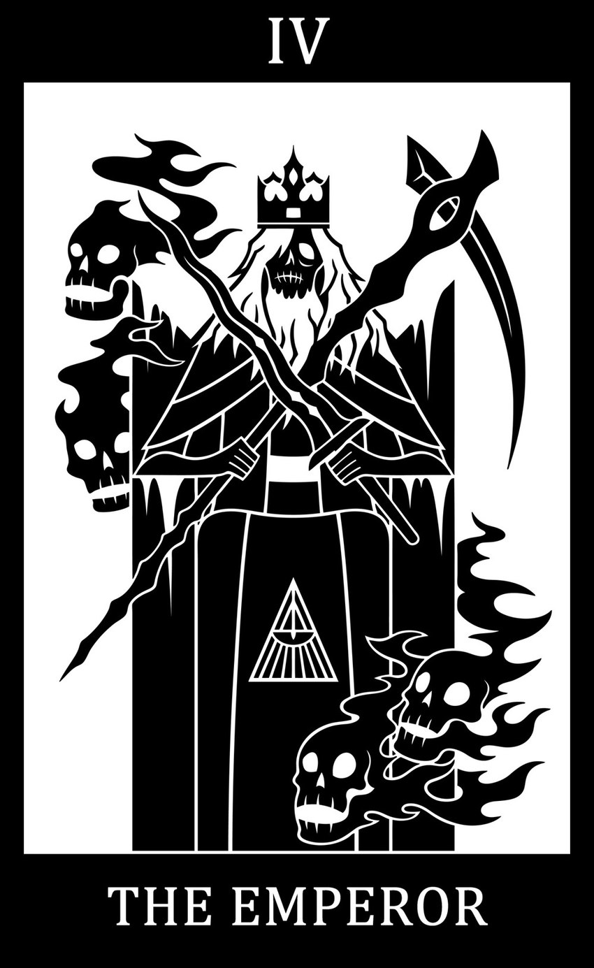 5_fingers anterior_nasal_aperture beard biped black_border bone border capelet card clothed clothed_humanoid clothed_male clothing crown empty_eyes facial_hair fingers flaming_skull front_view group hair headgear holding_melee_weapon holding_object holding_scythe holding_sword holding_weapon long_beard long_hair major_arcana male male_humanoid melee_weapon number polearm robe roman_numeral scythe silhouette simple_background skull sword symbol tarot tarot_card teeth text the_emperor_(tarot) weapon white_background white_text sunnyclockwork bloodborne fromsoftware sony_corporation sony_interactive_entertainment martyr_logarius humanoid lich skull_creature undead 2016 black_and_white digital_drawing_(artwork) digital_media_(artwork) english_text hi_res monochrome