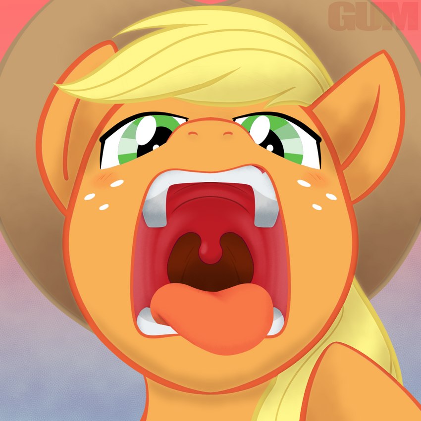 blonde_hair clothing cowboy_hat female feral freckles fur gaping_mouth gesture green_eyes hair hand_gesture hat headgear headwear mouth_shot open_mouth orange_body orange_fur pointing pointing_at_mouth presenting_mouth solo uvula gum-k friendship_is_magic hasbro my_little_pony applejack_(mlp) earth_pony equid equine horse mammal pony 1:1 2022 digital_media_(artwork) hi_res