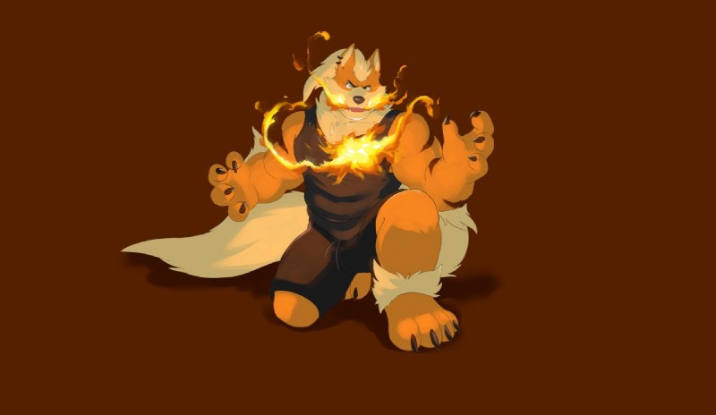 anthro anthrofied bottomwear breath_powers clothed clothing ear_piercing elemental_manipulation fire fire_breathing fire_manipulation male muscular muscular_anthro muscular_male piercing pokemorph pose shirt shorts solo tank_top topwear merfiller nintendo pokemon zhao arcanine canid canine generation_1_pokemon mammal pokemon_(species)