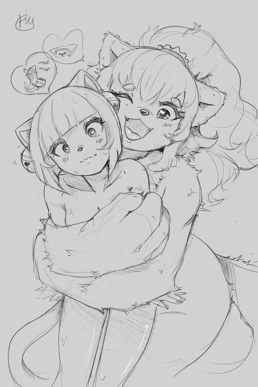 anthro bell blush breasts cute_fangs duo fangs female female/female grey_background hair hug hugging_another hugging_from_behind nude one_eye_closed open_mouth ponytail simple_background smile surprise teeth hawtmoon chimiko canid canine canis domestic_cat domestic_dog felid feline felis mammal 2021 2:3 hi_res monochrome