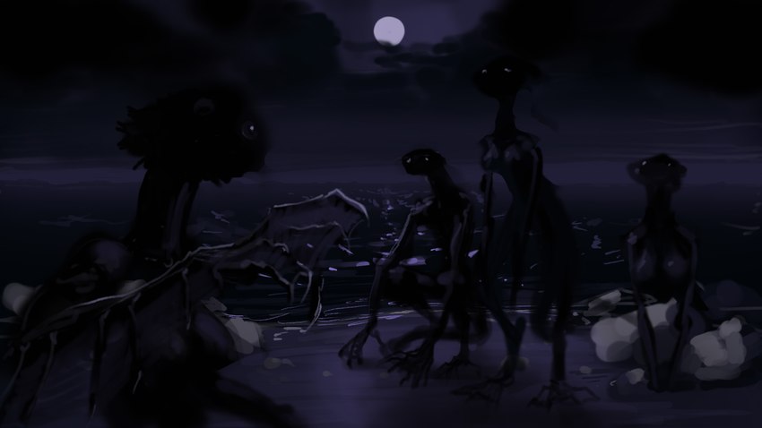 beach breasts cloud creepy dark female group moon night nipples sand scary sea seaside water meandraco entity humanoid monster unknown_species 16:9 hi_res widescreen