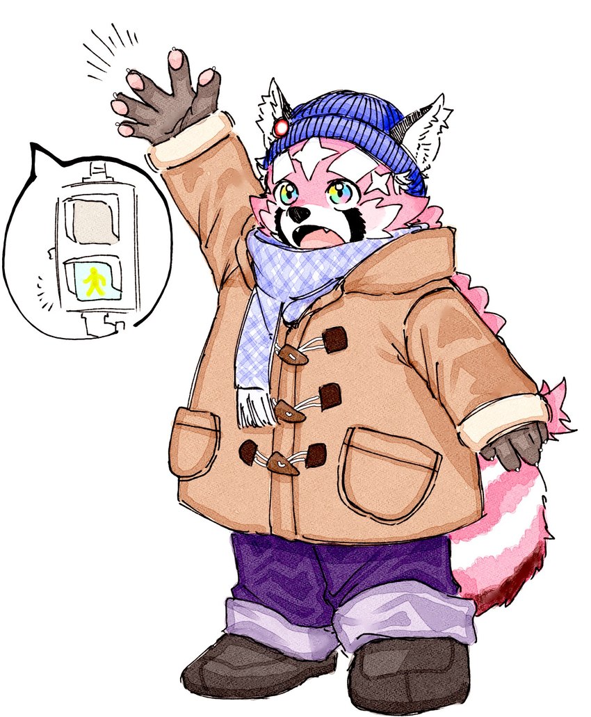 anthro beanie clothing eyebrows fur hat headgear headwear jacket male pawpads red_body red_fur scarf slightly_chubby solo thick_eyebrows topwear traffic_light young young_anthro young_male ta_me_ba lifewonders tokyo_afterschool_summoners zhurong_(tas) ailurid mammal red_panda hi_res