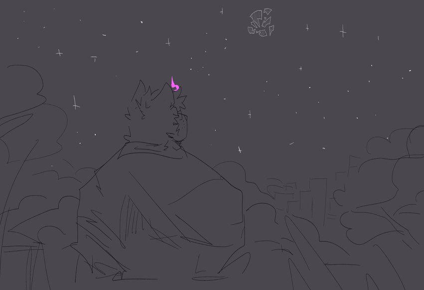 anthro clothed clothed_anthro clothed_male clothing destroyed_moon detailed_background male moon night outside rear_view shirt solo star t-shirt topwear melaisen bau_(melaisen) canid canine canis domestic_dog mammal 2022 absurd_res hi_res sketch