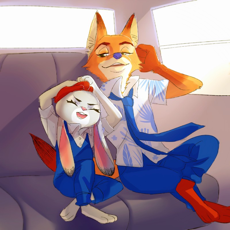 anthro blue_necktie clothed clothing duo female fur green_eyes grey_body grey_fur long_ears male necktie open_mouth orange_body orange_fur pink_nose purple_nose sitting smile teeth weketa disney zootopia judy_hopps nick_wilde canid canine fox lagomorph leporid mammal rabbit red_fox true_fox 1:1 hi_res