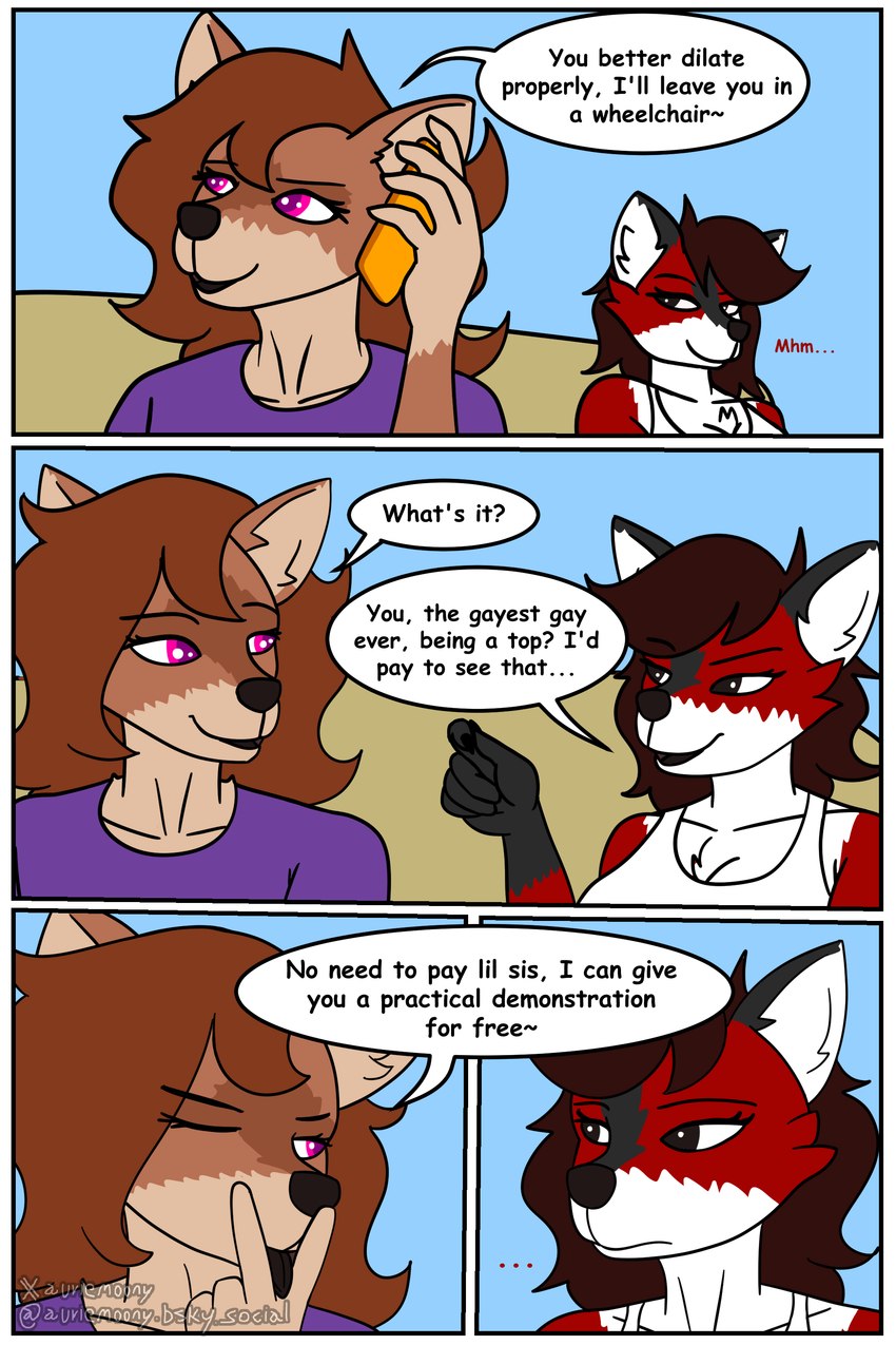 anthro border duo electronics female implied_incest male phone smug_face text tongue tongue_out white_border auriemoony canid canine fox mammal 2:3 absurd_res colored comic digital_drawing_(artwork) digital_media_(artwork) english_text hi_res