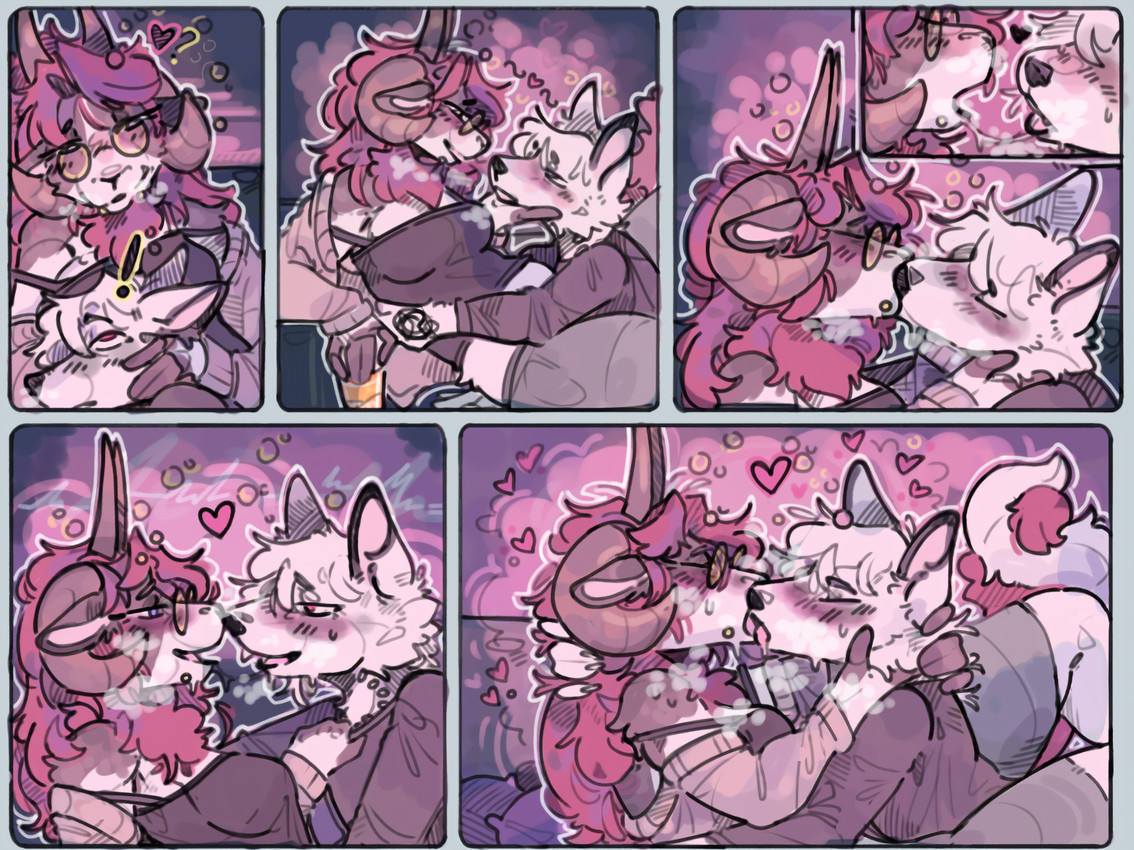 alcohol anthro beverage blush bodily_fluids breasts clothed clothing container cup drunk duo eyewear female french_kissing fur glass glass_container glass_cup glasses hair heart_symbol holding_face holding_object holding_other horn kissing making_out male male/female open_mouth piercing red_hair saliva simple_background speech_bubble steam substance_intoxication tattoo text tongue white_body white_fur wool_(fur) snowfoxy66 snow_(snowfoxy66) valleria_(vellbell) arctic_fox bovid canid canine caprine domestic_sheep fox jacob_sheep mammal sheep true_fox comic digital_media_(artwork)