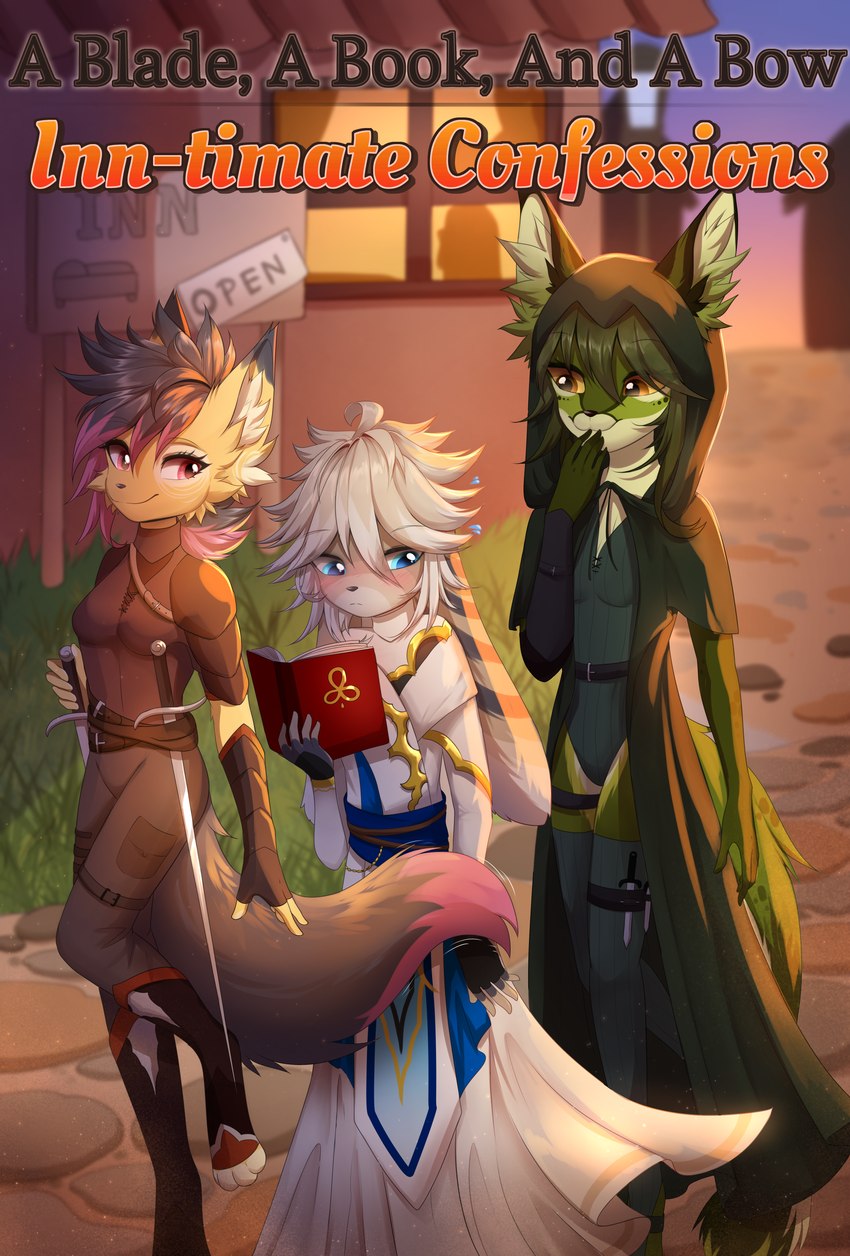 blush book fantasy female group hand_holding laugh male nervous outside sunset tail tail_motion trio cheefurraacc elara_siliven freya_of_treby reon_lightner canid canine felid feline fox humanoid lagomorph leporid lynx mammal rabbit absurd_res comic cover cover_art cover_page hi_res