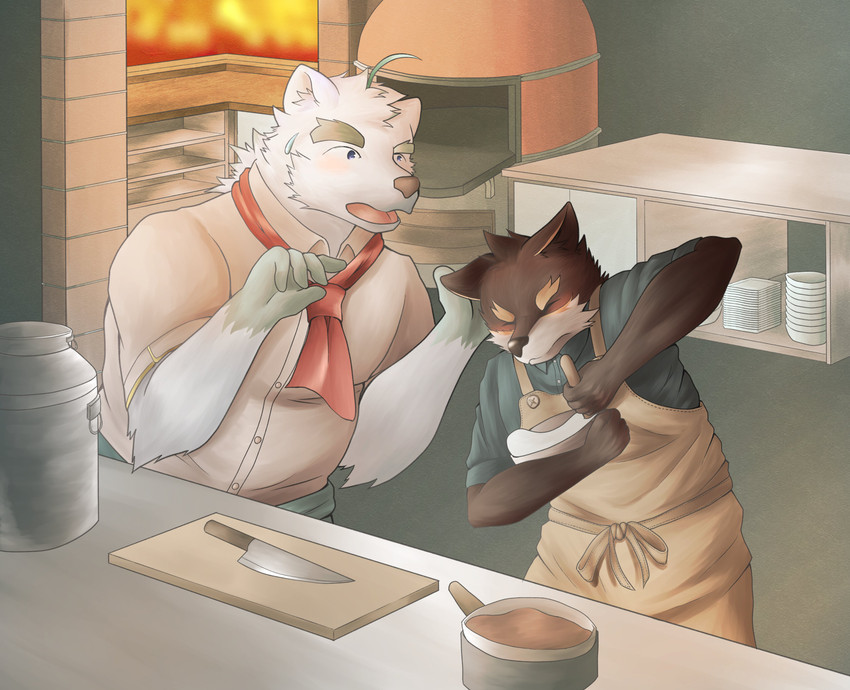 anthro apron belly blush brown_body brown_fur clothing cooking duo fur humanoid_hands kemono male multicolored_body multicolored_fur slightly_chubby two_tone_body two_tone_fur white_body white_fur kyu_been3331 knights_college oscar_lawrence paul_pfitzner bear canid canine canis domestic_dog mammal polar_bear ursine 2021 absurd_res hi_res