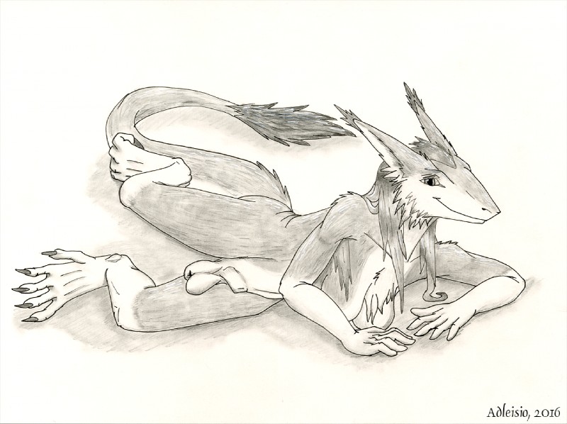 animal_genitalia anthro balls biped breasts claws fully_sheathed fur genitals gynomorph hair intersex long_hair looking_at_viewer lying nude on_side sheath simple_background smile solo tail text toe_claws tuft white_background adleisio storm_(stormblazer) sergal 2016 english_text monochrome signature sketch traditional_media_(artwork)