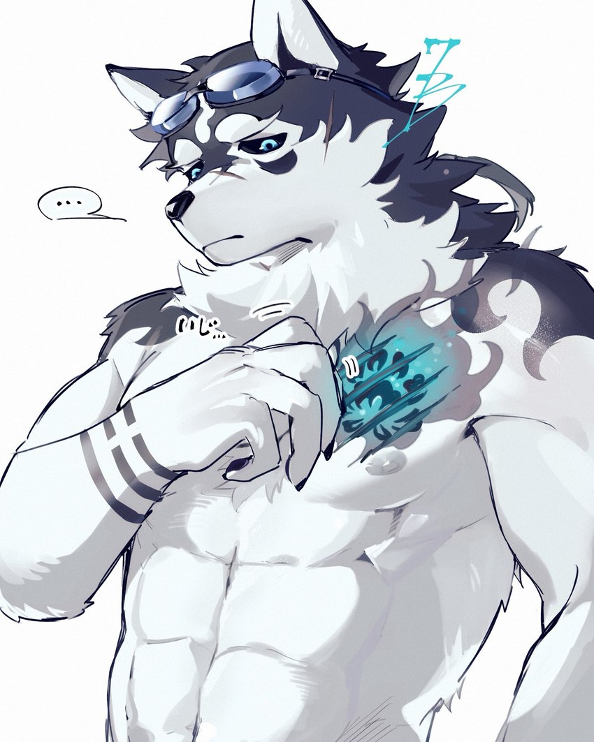 abs anthro black_sclera blue_eyes clothed clothing eyewear fur glowing glowing_eyes goggles male multicolored_body multicolored_fur muscular muscular_anthro muscular_male pecs scar solo topless 317_mno lifewonders tokyo_afterschool_summoners masanori_(tas) canid canine canis domestic_dog mammal 4:5 hi_res