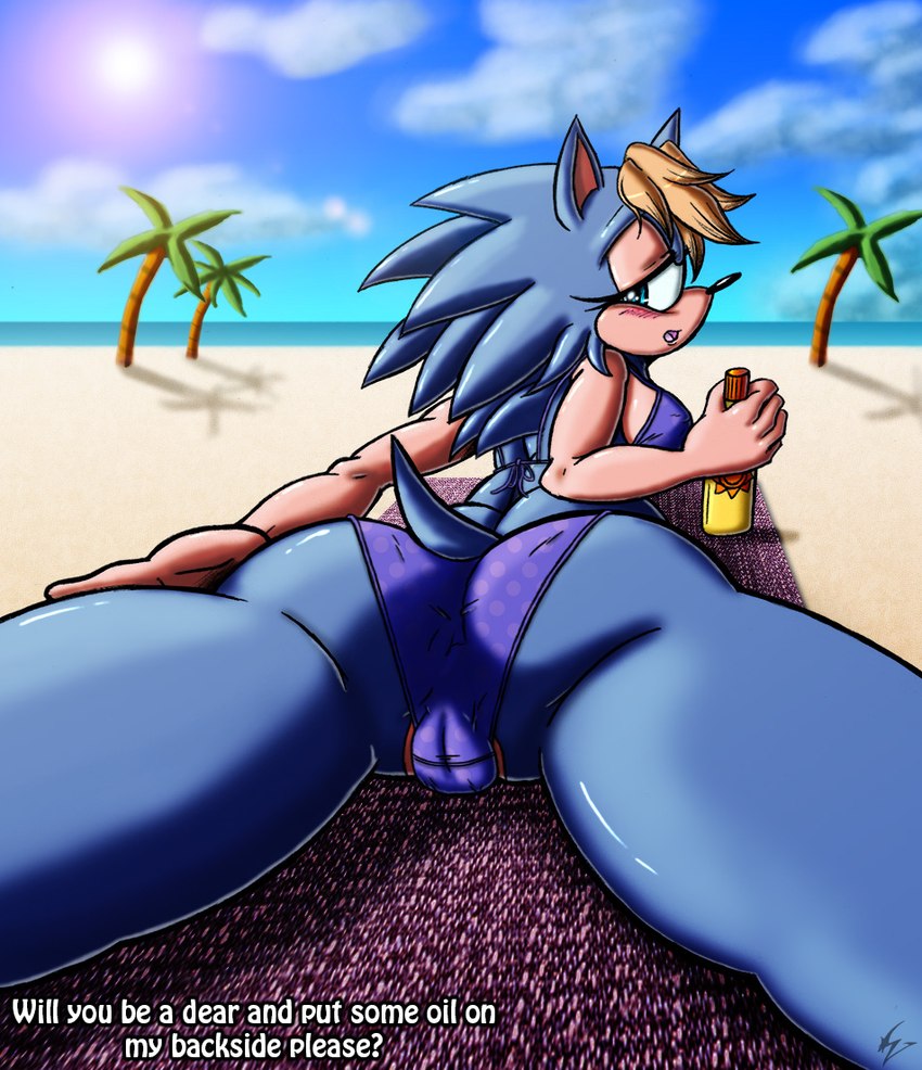 beach beach_blanket bedding bikini blanket blonde_hair blush bottle breasts camel_toe clothing cloud container female hair lying mature_female on_front open_mouth palm_tree plant sand seaside sky solo sun sunscreen swimwear teal_eyes text tree two-piece_swimsuit water viroveteruscy archie_comics sega sonic_the_hedgehog_(archie) sonic_the_hedgehog_(comics) sonic_the_hedgehog_(series) sonic_underground bernadette_hedgehog eulipotyphlan hedgehog mammal 2015 digital_media_(artwork) english_text