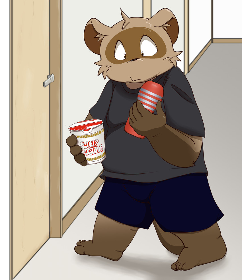 anthro bottomwear brown_body brown_fur clothing food fur humanoid_hands male penetrable_sex_toy sex_toy shirt shorts slightly_chubby solo topwear young siretoko_panda tenga tenga_egg canid canine mammal raccoon_dog tanuki 2020 hi_res