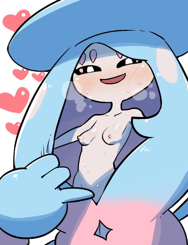 black_sclera blush bodily_fluids breasts female heart_symbol nipples non-mammal_nipples not_furry presenting presenting_breasts simple_background small_breasts smile solo sweat white_background crap-man nintendo pokemon generation_8_pokemon hatterene pokemon_(species) hi_res