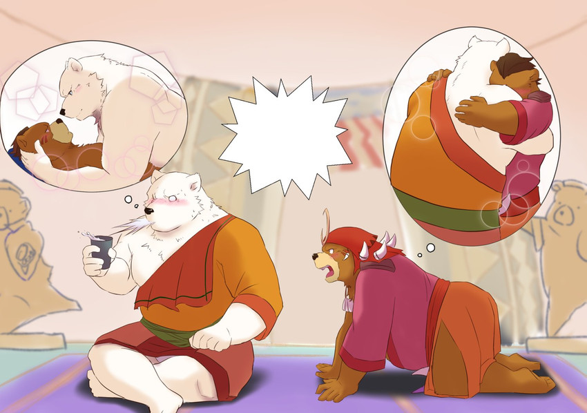 anthro blush brown_body brown_fur clothing duo fur hug humanoid_hands inside kemono male overweight overweight_male robe sitting white_body white_fur kumadasi sdorica crushfang_(sdorica_sunset) dagger_(sdorica_sunset) bear mammal polar_bear ursine 2020