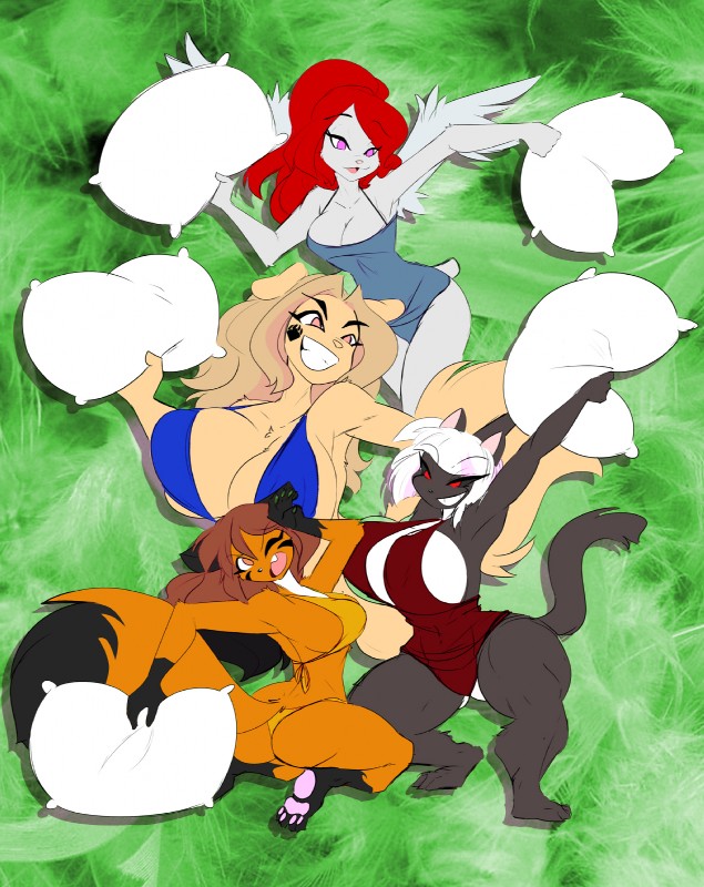 anthro breast_size_difference breasts clothed clothing female group open_mouth pillow pillow_fight mramp sagestrike2 fulvus umbra_(sagestrike2) canid canine canis domestic_cat domestic_dog felid feline felis fox mammal hi_res