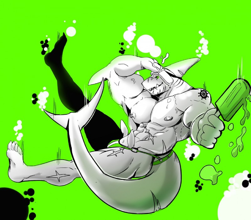 anthro biceps big_muscles bulge male muscular muscular_male nipples non-mammal_nipples pecs simple_background solo demondragoncyan fish marine shark 2017 digital_media_(artwork)