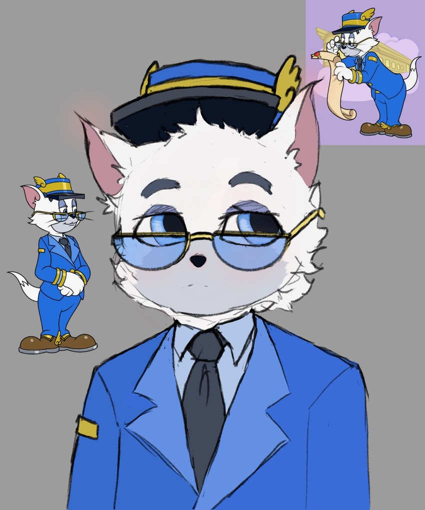 anthro black_nose blue_clothing blue_eyes blue_suit clothing conductor emotionless eyebrows eyewear fur glasses gold_band gold_glasses grey_body grey_eyebrows grey_fur grey_necktie hat headgear headwear male multicolored_body multicolored_fur necktie simple_background solo suit white_body white_fur crispyfox metro-goldwyn-mayer tom_and_jerry cooper_(tom_and_jerry) felid feline mammal 5:6 absurd_res hi_res portrait