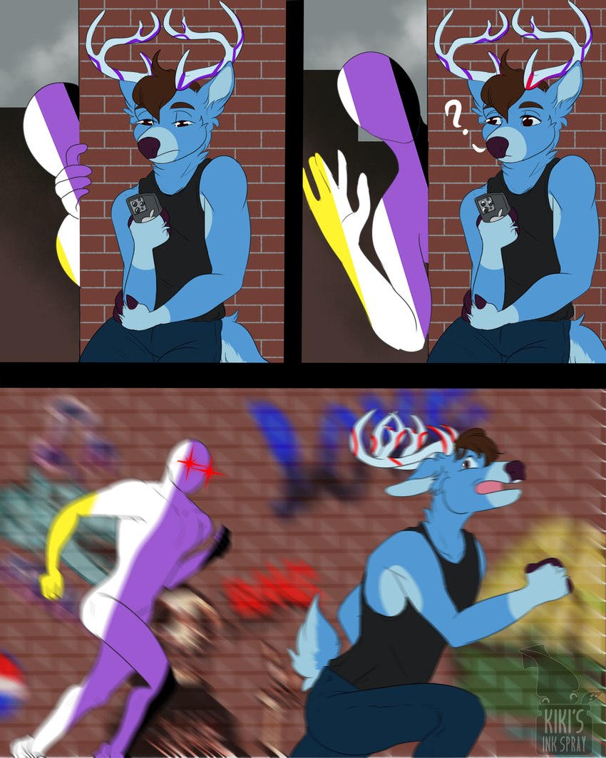 anthro antlers biped black_clothing black_shirt black_tank_top black_topwear blue_body blue_fur bottomwear brown_eyes brown_hair clothing denim denim_bottomwear denim_clothing duo fur glowing glowing_antlers hair hooves horn jeans lgbt_pride male male_anthro nonbinary_pride_colors pants pride_colors running_away scared_expression shirt tank_top topwear kikisinkspray archie_b_antlers_(archiehasantlers) deer mammal 4:5 absurd_res hi_res nonbinary_(lore)