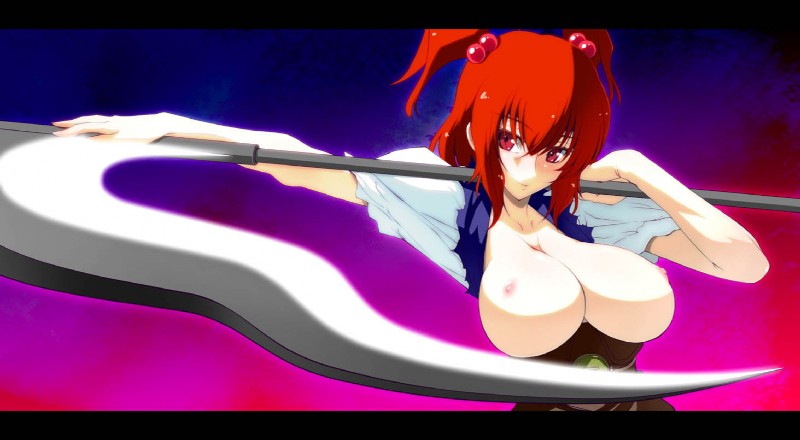 big_breasts breasts clothed clothing female huge_breasts melee_weapon open_clothing open_shirt open_topwear polearm scythe shirt solo topwear weapon tecenonchi touhou komachi_onozuka