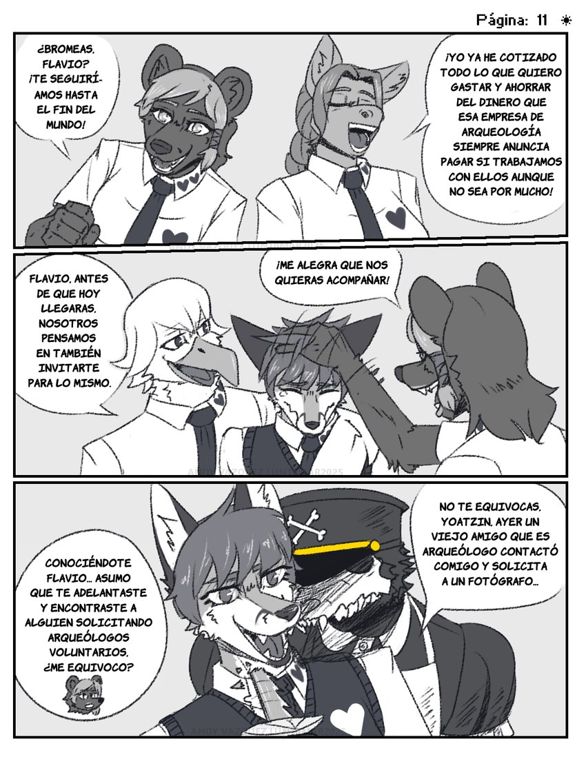 3_panel_comic ambiguous_gender anthro apron attack attempted_murder black_body black_fur bone broken_weapon clothing crossbones dagger feathers female fur glare grey_body grey_fur grey_hair group hair hat headgear headpat headwear heart_print heart_print_clothing heart_symbol looking_at_another maid_uniform male mask melee_weapon necktie school_uniform skull skull_mask smile smiling_at_another stab sweater sweater_vest text topwear uniform vest weapon white_body white_feathers white_fur usuario2 adur_argento flavio_terracota lupe_torres_(siridia) yoatzin_ventus accipitrid accipitriform avian bear bird canid canine eagle equid equine fox horse mammal comic hi_res spanish_text translated