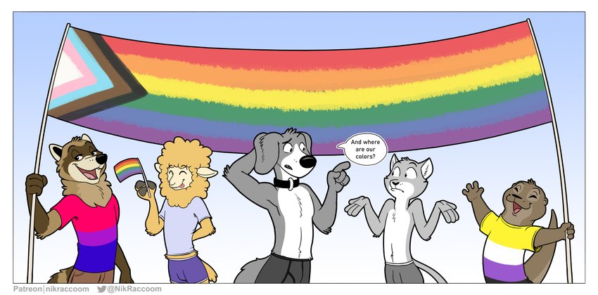 anthro banner bisexual_pride_colors blep blue_background bottomwear clothed clothing collar dialogue eyes_closed flag flag_(object) fur gesture group holding_flag holding_object humor lgbt_pride male narrowed_eyes nonbinary_pride_colors open_mouth open_smile pants pride_color_banner pride_color_clothing pride_color_flag pride_color_topwear pride_colors progress_pride_colors rainbow_flag rainbow_pride_colors rainbow_pride_flag rainbow_symbol shirt shorts shrug simple_background six-stripe_rainbow_pride_colors smile speech_bubble standing t-shirt text tongue tongue_out topwear transgender_pride_colors underwear wool_(fur) nikraccoom lgbt_pride_month al_(nik159) felix_(nik159) koira_(nik159) nik_(nik159) tonka_(nik159) alpaca camelid canid canine canis domestic_cat domestic_dog felid feline felis mammal mustelid otter procyonid raccoon 2021 absurd_res comic digital_media_(artwork) english_text hi_res url