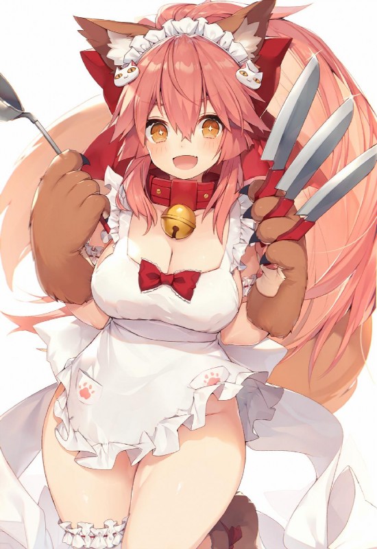 :3 :d accessory apron apron_only arm_garter bell bell_collar big_breasts blush breasts brown_body brown_fur claws cleavage clothed clothing collar ear_tuft female fur garter glistening glistening_body glistening_skin hair holding_object kitchen_utensils knife ladle leg_garter long_hair looking_at_viewer mostly_nude no_underwear open_mouth pink_hair ribbons simple_background smile solo thick_thighs tools tuft white_background white_body white_fur yellow_eyes muryotaro fate_(series) type-moon berserker_tamamo_cat caster_tamamo-no-mae animal_humanoid canid canid_humanoid canine canine_humanoid fox fox_humanoid humanoid mammal mammal_humanoid 2019 digital_media_(artwork) hi_res