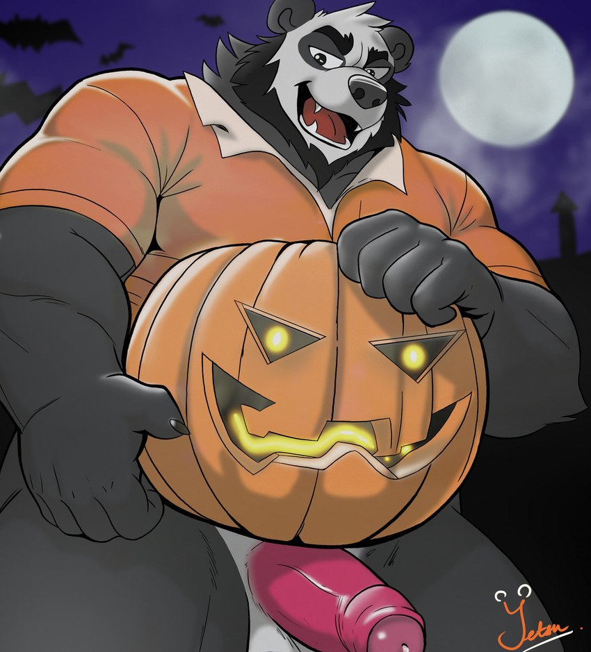 anthro balls beard bodily_fluids bottomless bottomless_anthro bottomless_male clothed clothing erection facial_hair food foreskin fruit full_moon fur genital_fluids genitals holding_object holding_pumpkin holidays humanoid_genitalia humanoid_penis jack-o'-lantern leaking_precum looking_at_viewer male moon muscular muscular_anthro muscular_male night open_mouth outside overweight overweight_anthro overweight_male partially_retracted_foreskin penis plant precum pumpkin shirt smile solo teeth topwear yetsu halloween yetsupanda bear giant_panda mammal digital_media_(artwork) hi_res