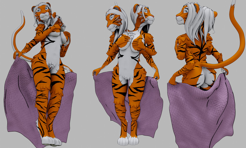 2_heads 4_arms anthro big_breasts breasts butt covering covering_breasts covering_self female multi_arm multi_head multi_limb raised_tail solo tail towel twoheadedtigress felid mammal pantherine tiger 3d_(artwork) digital_media_(artwork) hi_res