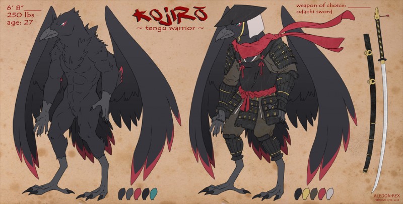 blue_eyes claws feathers katana male melee_weapon samurai scar solo sword warrior weapon wings aledonrex kojiro_(thrakos) avian bird corvid corvus_(genus) crow oscine passerine