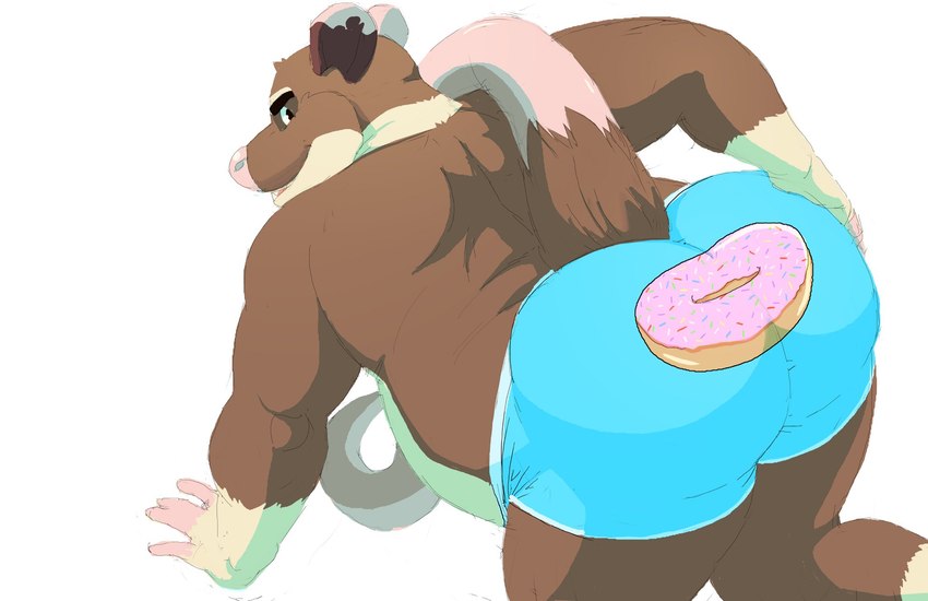 5_fingers anthro biped blue_clothing blue_underwear brown_body brown_fur butt clothed clothing donut_print fingers fur long_tail looking_back male pink_nose presenting presenting_hindquarters rear_view simple_background smile solo tail topless underwear white_background daire301 mammal murid murine rat rodent 2017 digital_media_(artwork) hi_res