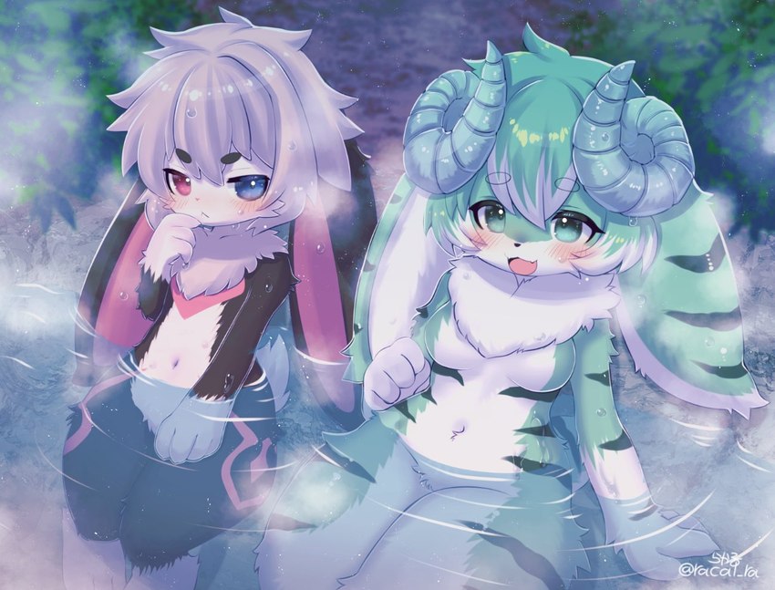 anthro biped black_body black_stripes blue_eyes blush blush_lines bodily_fluids breasts chest_tuft crotch_tuft curled_horn duo eyebrow_through_hair eyebrows eyelashes featureless_breasts female green_body green_eyes green_hair grey_hair hair heterochromia horn hot_spring kemono male navel nude open_mouth open_smile partially_submerged pink_stripes red_eyes small_breasts smile steam stripes sweat thick_thighs translucent translucent_hair tuft water racal_ra mythology dragon lagomorph leporid mammal mythological_creature mythological_scalie rabbit scalie 2024 signature