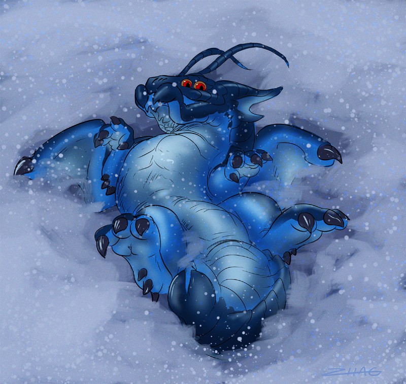 ambiguous_gender antennae_(anatomy) arthropod_abdomen claws feral looking_at_viewer mandibles simple_background snow solo sprawling spreading tail wings winter young young_feral zhag mythology alien arthropod dragon hybrid insect mythological_creature mythological_scalie scalie xiin_(species)