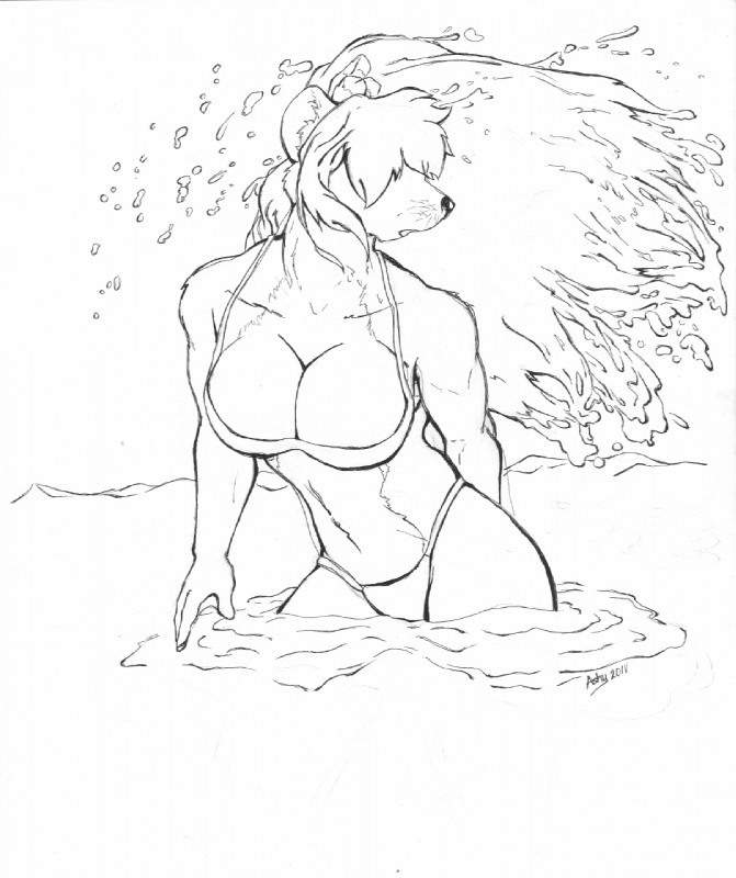 beach big_breasts bikini breasts clothing female flower hair long_hair plant sea seaside simple_background swimwear two-piece_swimsuit water wet_hair ernor lei-lani mammal mustelid otter 2011 black_and_white hi_res monochrome