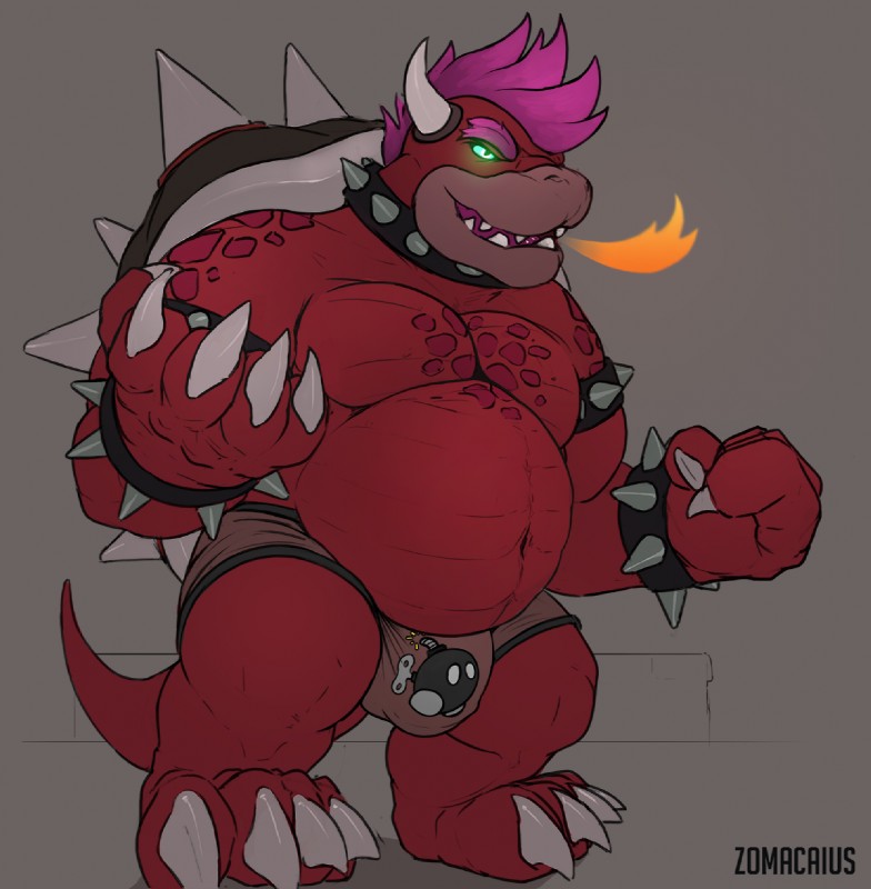 anthro bulge claws clothing collar hair horn male musclegut muscular muscular_anthro muscular_male solo spiked_collar spikes standing tight_clothing zomacaius mario_bros nintendo bowser zoma koopa reptile scalie 2019 hi_res signature