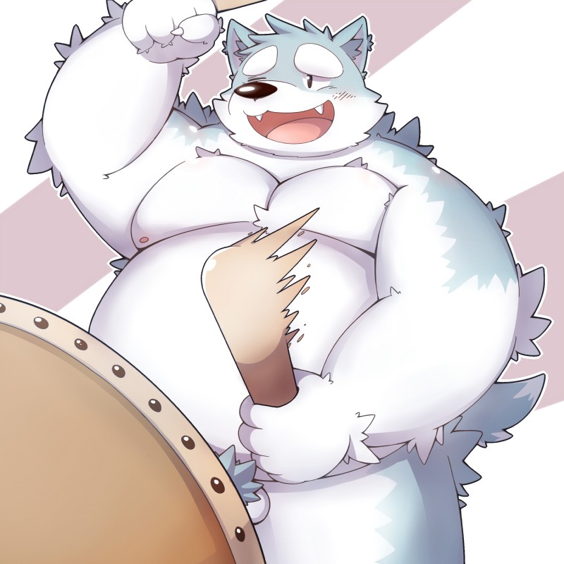 anthro balls batchi belly blush drum genitals holding_object humanoid_hands male moobs musical_instrument nipples one_eye_closed overweight overweight_anthro overweight_male percussion_instrument percussion_mallet simple_background solo taiko_drum wink park_draw canid canine canis mammal wolf 1:1 2016 absurd_res hi_res