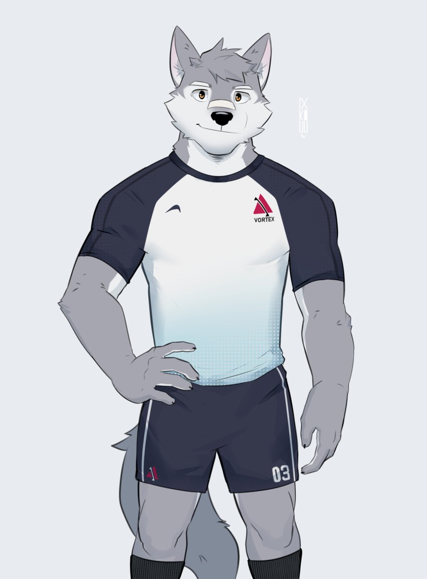 anthro clothing fur male simple_background solo sportswear uniform ixkouu canid canine mammal 2021 digital_media_(artwork) hi_res