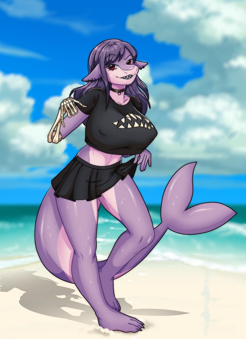 anthro beach big_breasts bottomwear breasts choker clothed clothing clothing_lift crop_top ear_piercing female hair huge_breasts jewelry looking_at_viewer necklace nipple_outline piercing red_eyes seaside shirt skeletal_hand skirt skirt_lift smile solo t-shirt tail teeth topwear wakko_(artist) fish marine shark hi_res