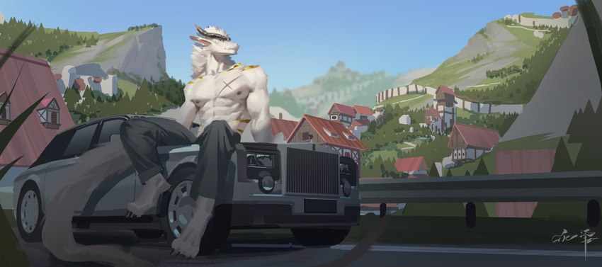 abs anthro barefoot black_sclera blue_sky bottomwear car chest_scar clear_sky clothed clothing detailed_background feet front_view fur grey_bottomwear grey_clothing grey_pants male markings motor_vehicle muscular muscular_anthro muscular_male nipples outside pants pecs scar sitting sitting_on_car sitting_on_vehicle sky solo topless vehicle white_body white_fur yellow_eyes yellow_markings awaldkize rolls-royce sedan absurd_res hi_res