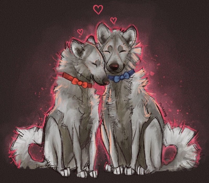 ambiguous_gender blue_collar bow_(feature) brown_background collar duo heart_symbol red_collar romantic romantic_couple simple_background sitting millaeng pewdiepie sven's_bf sven_(pewdiepie) canid canine canis domestic_dog mammal absurd_res hi_res