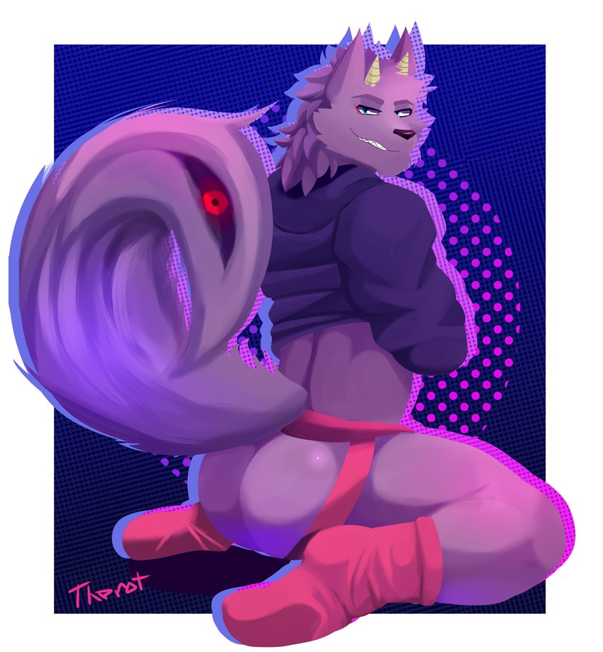 anthro butt clothing footwear fur grin hair hoodie horn jockstrap living_tail looking_back male mane mane_hair purple_body purple_fur smile socks solo tail topwear underwear unusual_anatomy unusual_tail therot0 lifewonders tokyo_afterschool_summoners bathym_(tas) canid canid_demon canine canis demon mammal wolf absurd_res hi_res