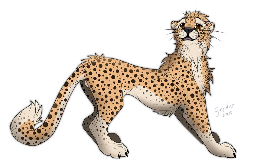 ass_up balls barely_visible_genitalia claws fangs feral fur genitals looking_at_viewer male markings open_mouth simple_background smile solo spots spotted_body spotted_fur standing teeth whiskers white_background gard3r cheetah felid feline mammal 2019 digital_drawing_(artwork) digital_media_(artwork) signature