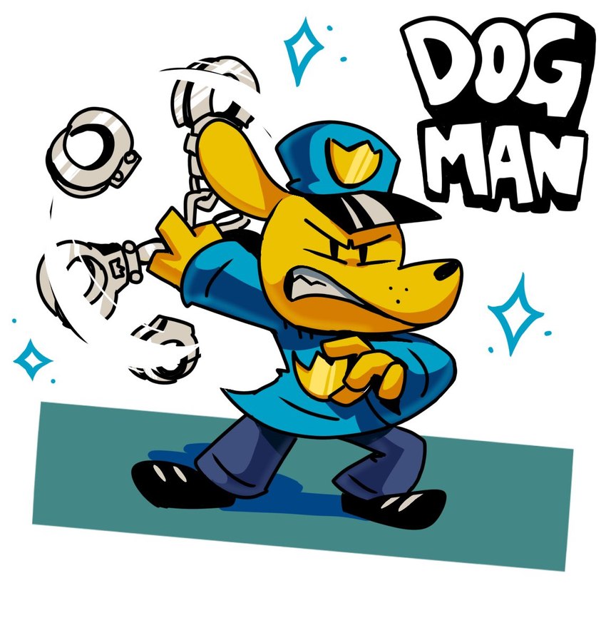 4_fingers anthro biped black_nose blue_clothing clenched_teeth clothed clothing cuff_(restraint) fingers fully_clothed fur handcuffs male metal_cuffs police police_uniform restraints simple_background simple_eyes solo standing tan_body tan_fur teeth text uniform tommytornado dav_pilkey dogman dog_man canid canine canis domestic_dog mammal 2024 full-length_portrait portrait