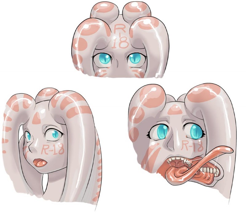 bisected bisected_jaw bloodless blue_eyes female looking_aside looking_at_viewer looking_away open_mouth sharp_teeth simple_background solo teeth tentacles tongue tongue_out white_background petaroh petako alien monster zanburg bust_portrait portrait