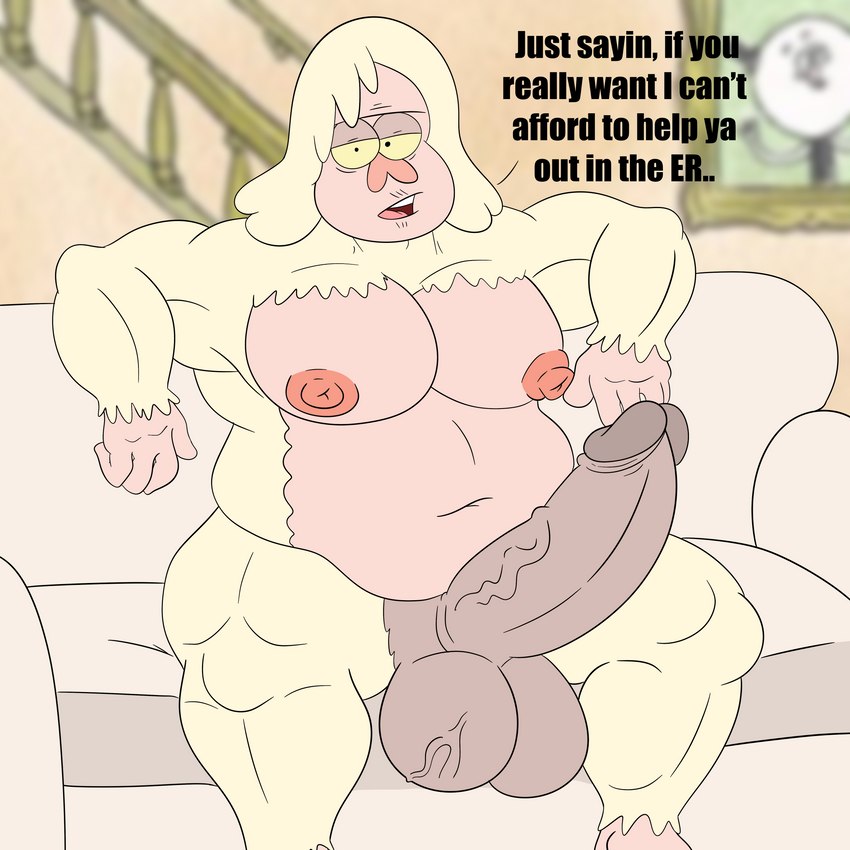 anthro belly big_penis bodily_fluids furniture genitals huge_penis looking_at_viewer male muscular nipples on_sofa penis presenting presenting_penis sitting sitting_on_sofa slightly_chubby sofa solo spreading possbooty cartoon_network regular_show skips_(regular_show) humanoid 1:1 absurd_res hi_res